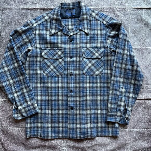 Pendleton Other - Men's Vintage 70's Pendleton USA Blue Plaid Loop Collar Flannel Board Shirt Sz L
